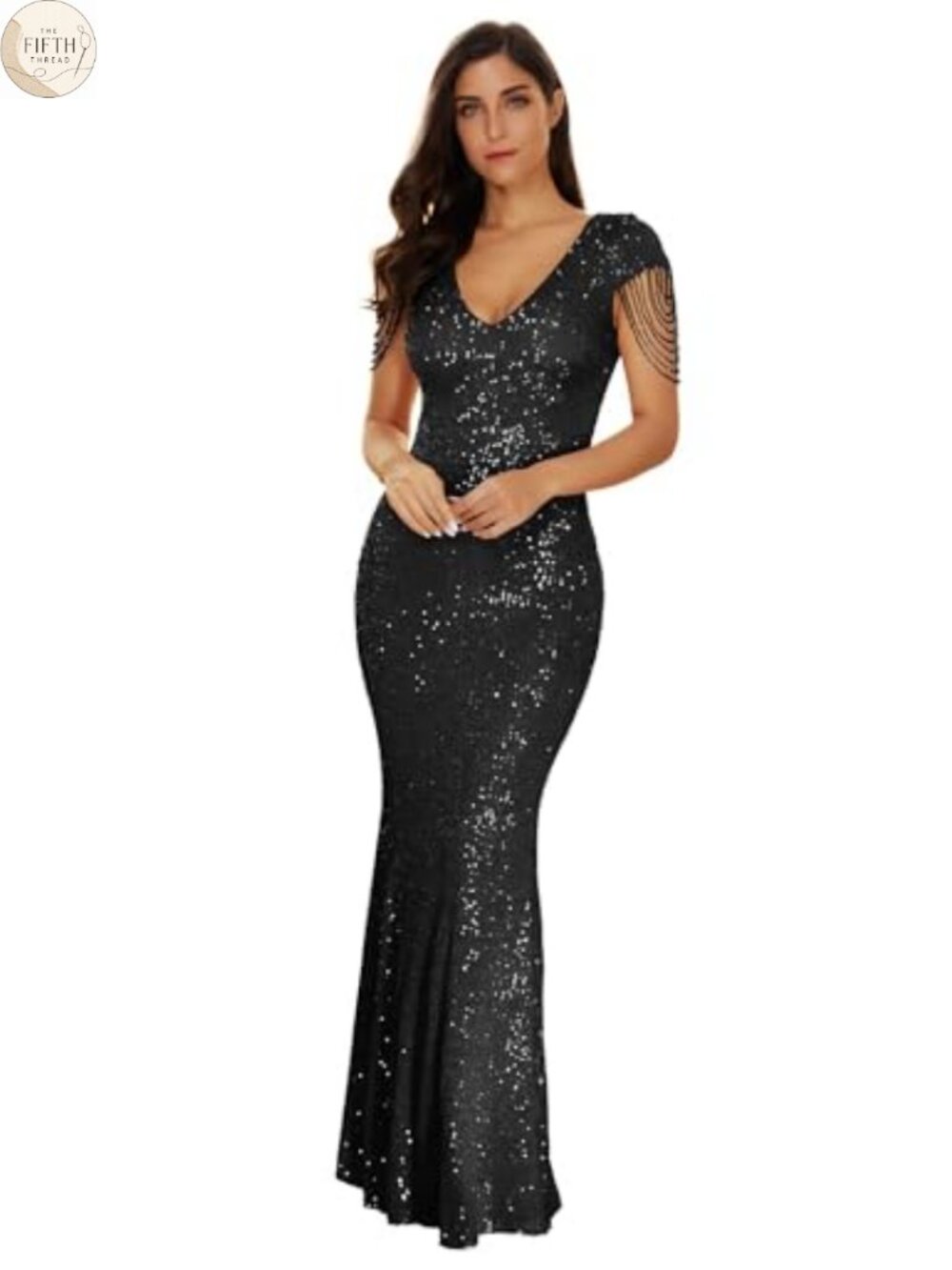 Sequin V-Neck Mermaid Maxi Evening Dress Beaded Sleeve Formal Gown